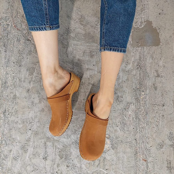 Vollsjo Swedish Brown Camel Suede Leather Wooden Clogs Slip On Mules Retro Boho - Picture 16 of 16